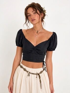 NWT Glassons Lace Up Back Puff Sleeve Black Crop Top Sz 6 Vacation Summer Chic